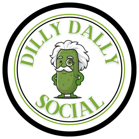 Dilly Dally Social badge: a pickle in a monocle with wild white hair