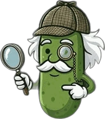 Dilly the pickle in a detective cap with a magnifying glass